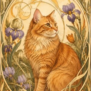 Chat roux entouré de fleurs dans une illustration décorative élégante