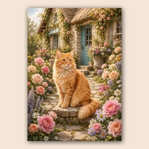 Illustration d’un chat roux au milieu de fleurs devant une maison de charme