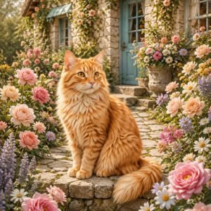 Chat roux assis dans un jardin fleuri devant une maison de charme