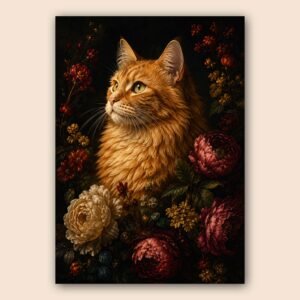 Affiche chat roux entouré de fleurs bordeaux et roses