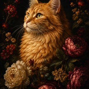 Chat roux entouré de fleurs sombres sur fond noir