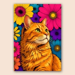 Affiche chat orange et fleurs colorées