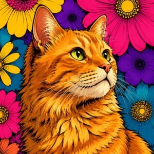 Chat orange devant un fond de fleurs colorées