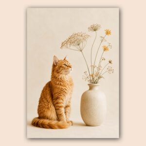 Affiche décorative avec chat roux et vase de fleurs séchées