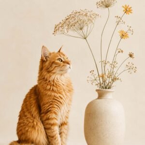 Chat roux assis près d’un vase de fleurs séchées sur fond beige