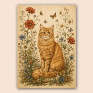 Affiche décorative avec chat roux et fleurs sauvages sur fond beige