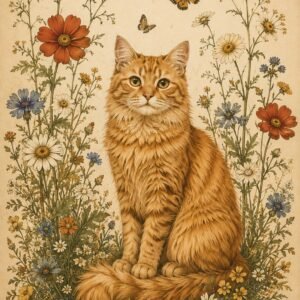 Chat roux assis au milieu de fleurs sauvages dans une illustration botanique vintage