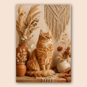 Affiche chat roux dans une ambiance déco bohème aux tons beige et terracotta