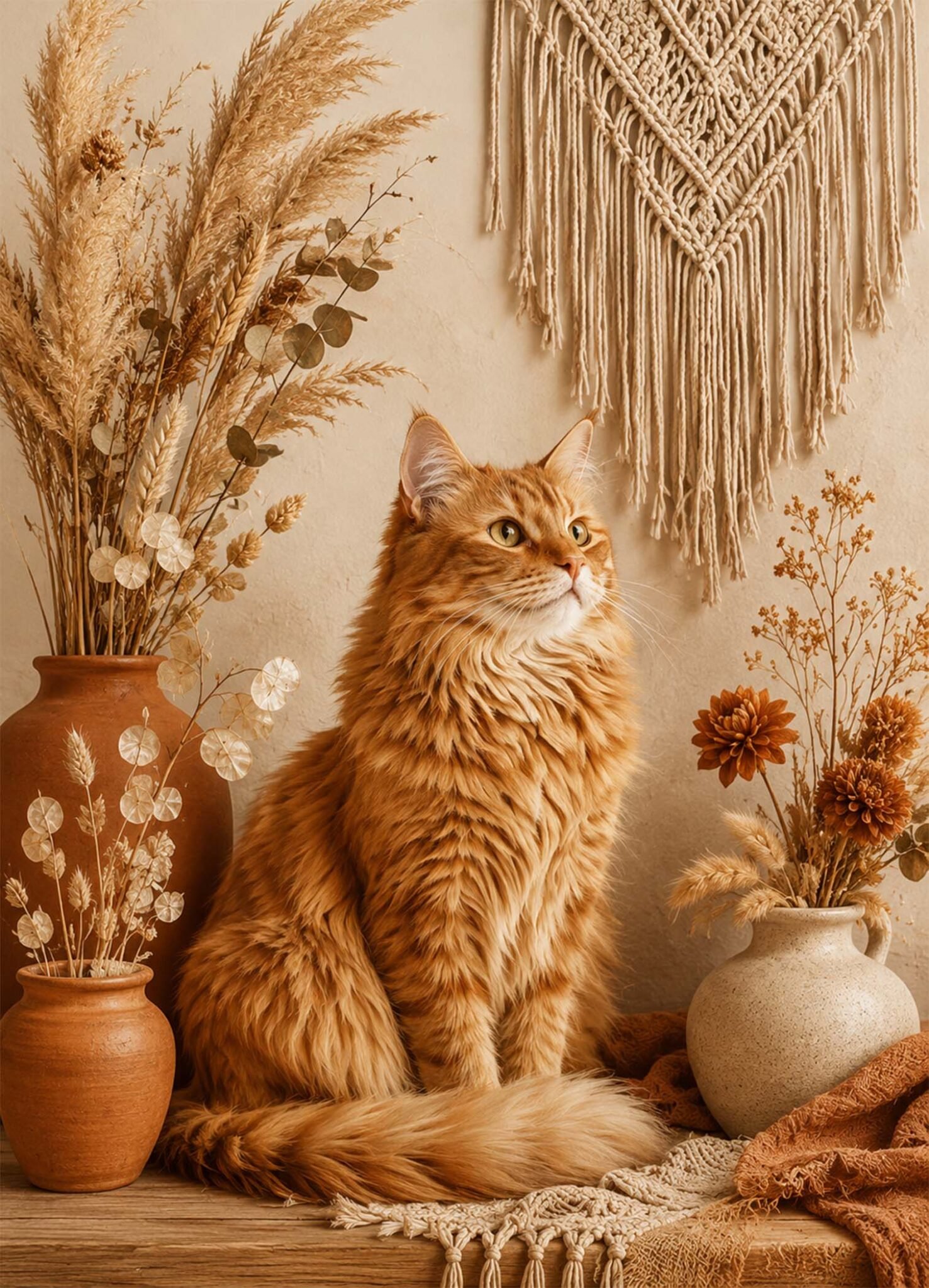 Affiche représentant un chat roux au regard paisible, installé dans un décor bohème tout en douceur. Les matières naturelles, les bouquets séchés et les tons chauds créent une image réconfortante, facile à intégrer dans une déco cocooning