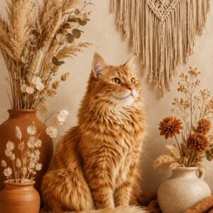 Chat roux dans une ambiance bohème naturelle avec fleurs séchées et tons chauds