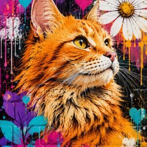 Portrait de chat stylisé en pop art avec couleurs vives et fond graphique
