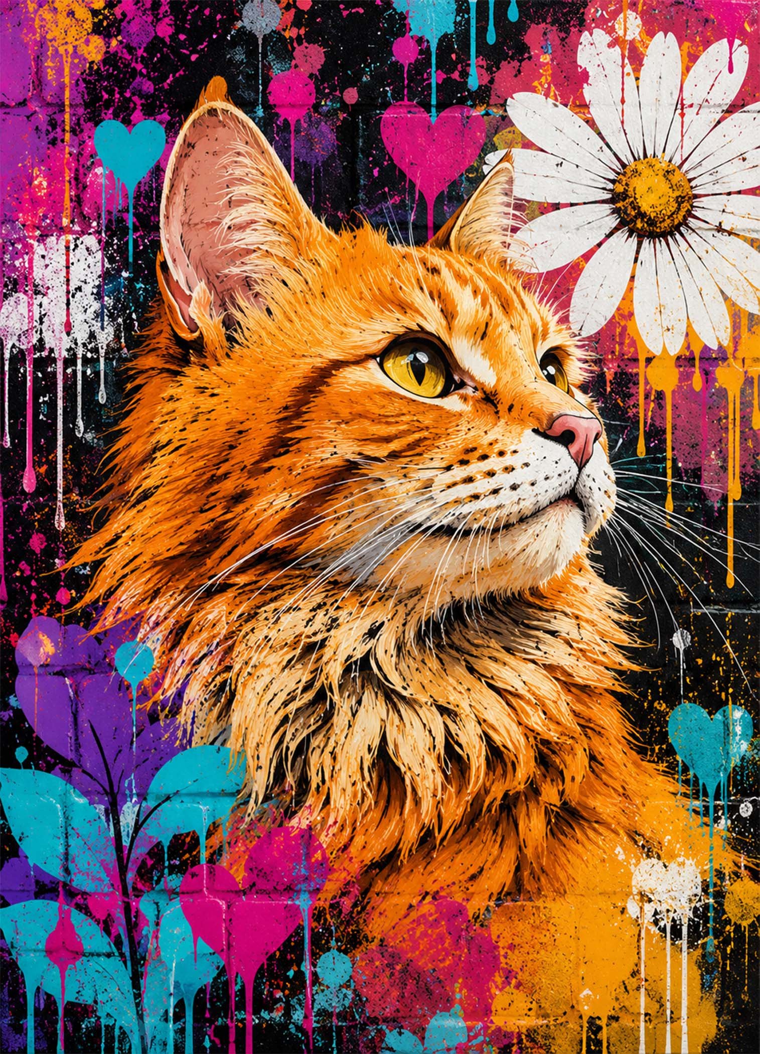 Portrait de chat stylisé en pop art avec couleurs vives et fond graphique