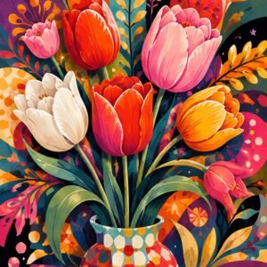 Bouquet de tulipes colorées dans un vase à pois