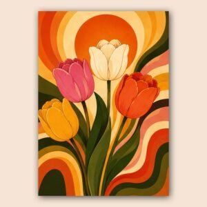 Affiche florale décorative avec tulipes stylisées et fond graphique coloré