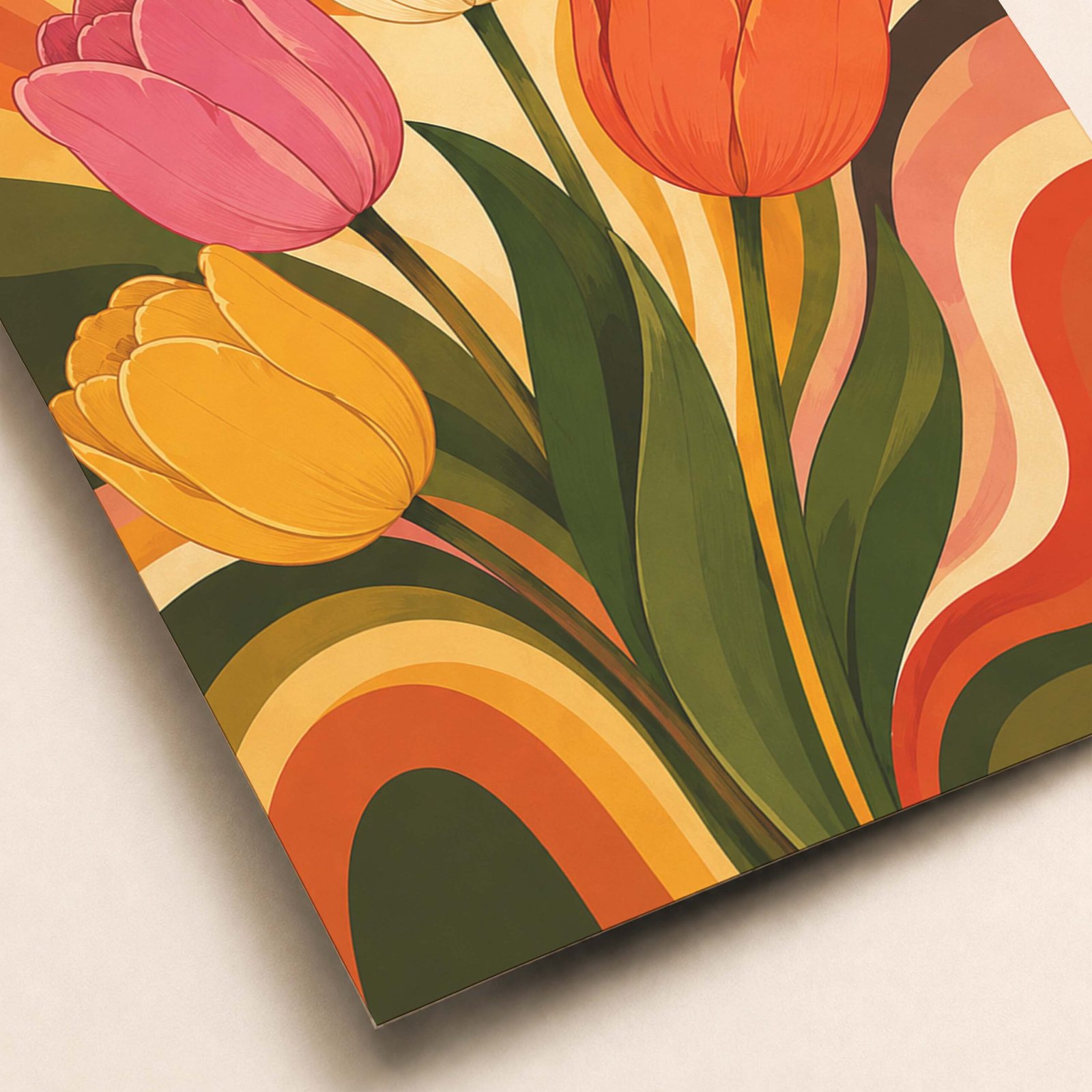 Détail du bouquet de tulipes stylisées et des formes ondulées colorées