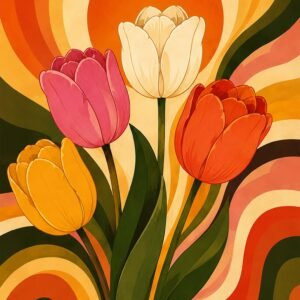 Bouquet de tulipes stylisées aux couleurs chaudes sur fond graphique ondulé