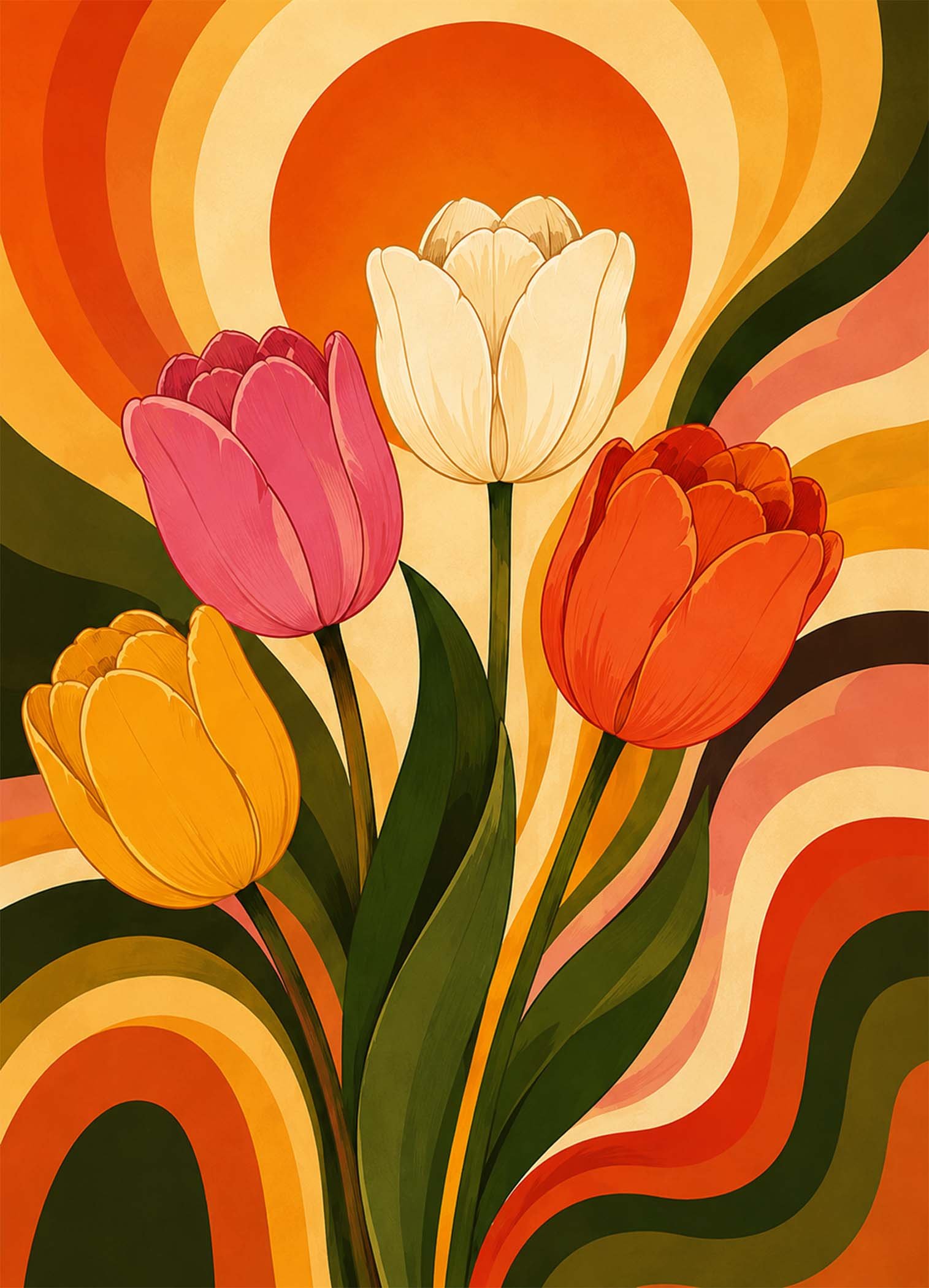 Bouquet de tulipes stylisées aux couleurs chaudes sur fond graphique ondulé