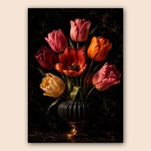Tulipes colorées dans un vase sombre avec fond noir marbré