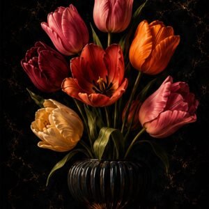 Bouquet de tulipes rouges, roses et orangées dans un vase sombre sur fond noir