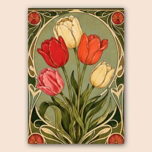 Affiche florale avec tulipes stylisées et ornements Art Nouveau