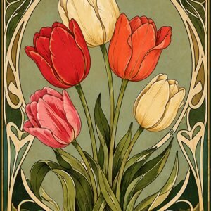 Bouquet de tulipes stylisées dans un style Art Nouveau sur fond vert sauge