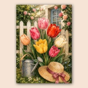 Tulipes roses, rouges, jaunes et creme dans un jardin avec roses grimpantes