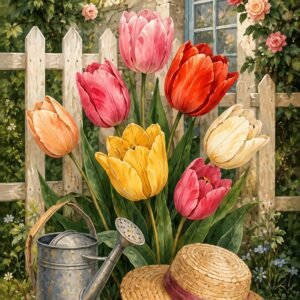 Bouquet de tulipes colorees dans un jardin champetre avec cloture blanche et chapeau de paille