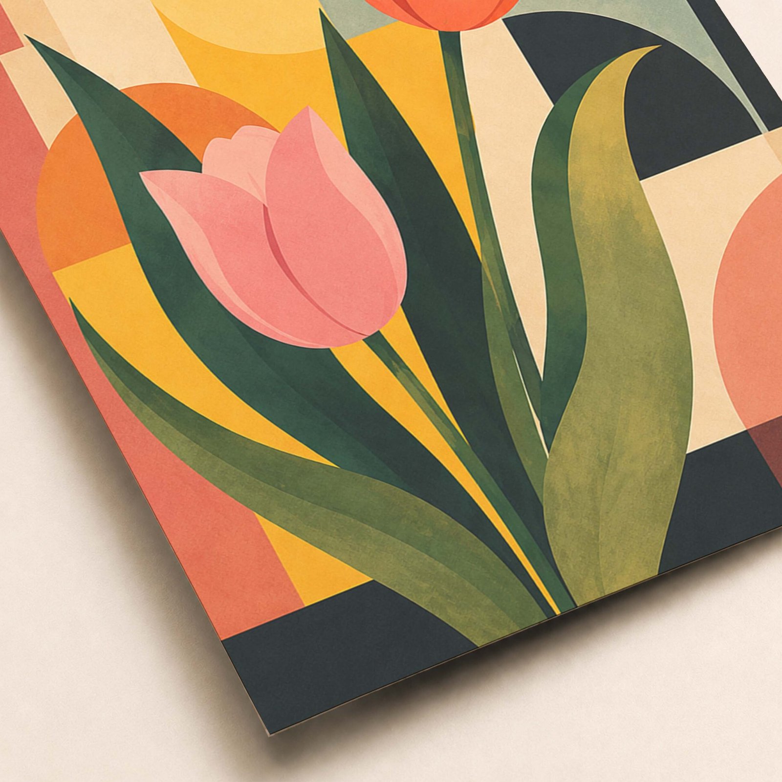 Zoom sur les tulipes stylisees et les details graphiques de l'affiche