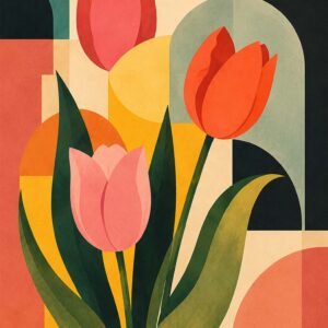 Affiche botanique avec tulipes stylisees roses et orange sur fond graphique