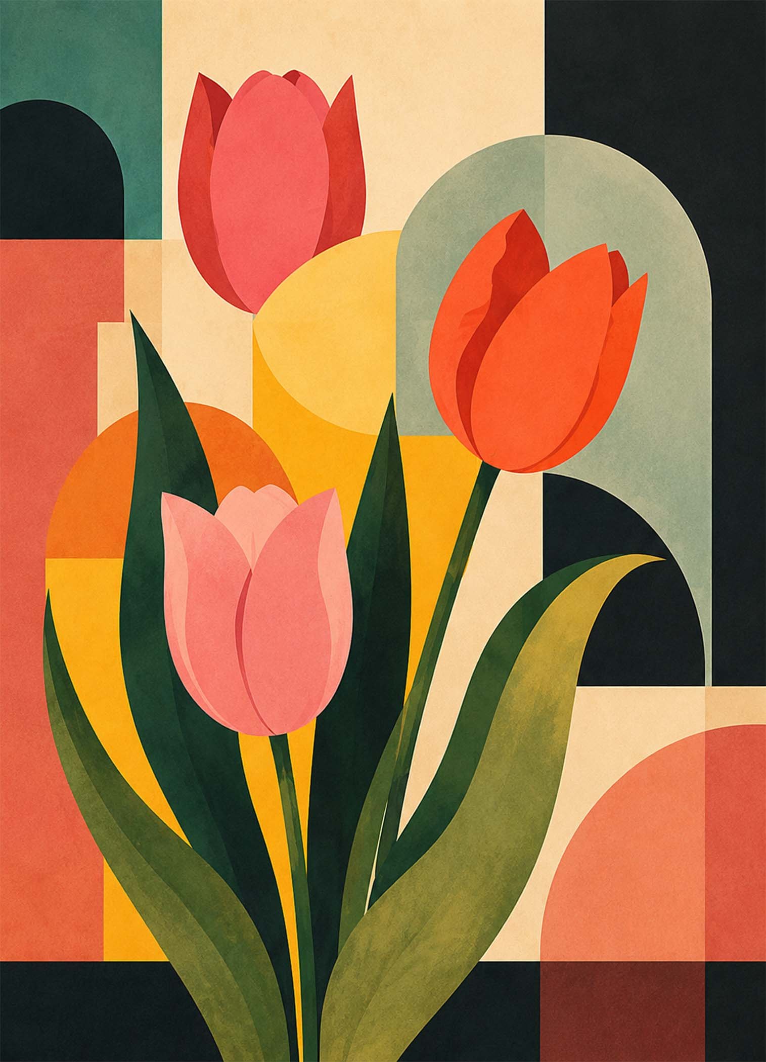 Affiche botanique avec tulipes stylisees roses et orange sur fond graphique