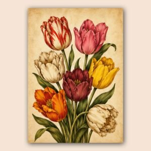 Affiche de tulipes colorées au style botanique vintage