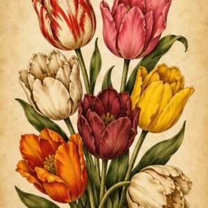 Bouquet de tulipes colorées en illustration botanique vintage sur fond beige