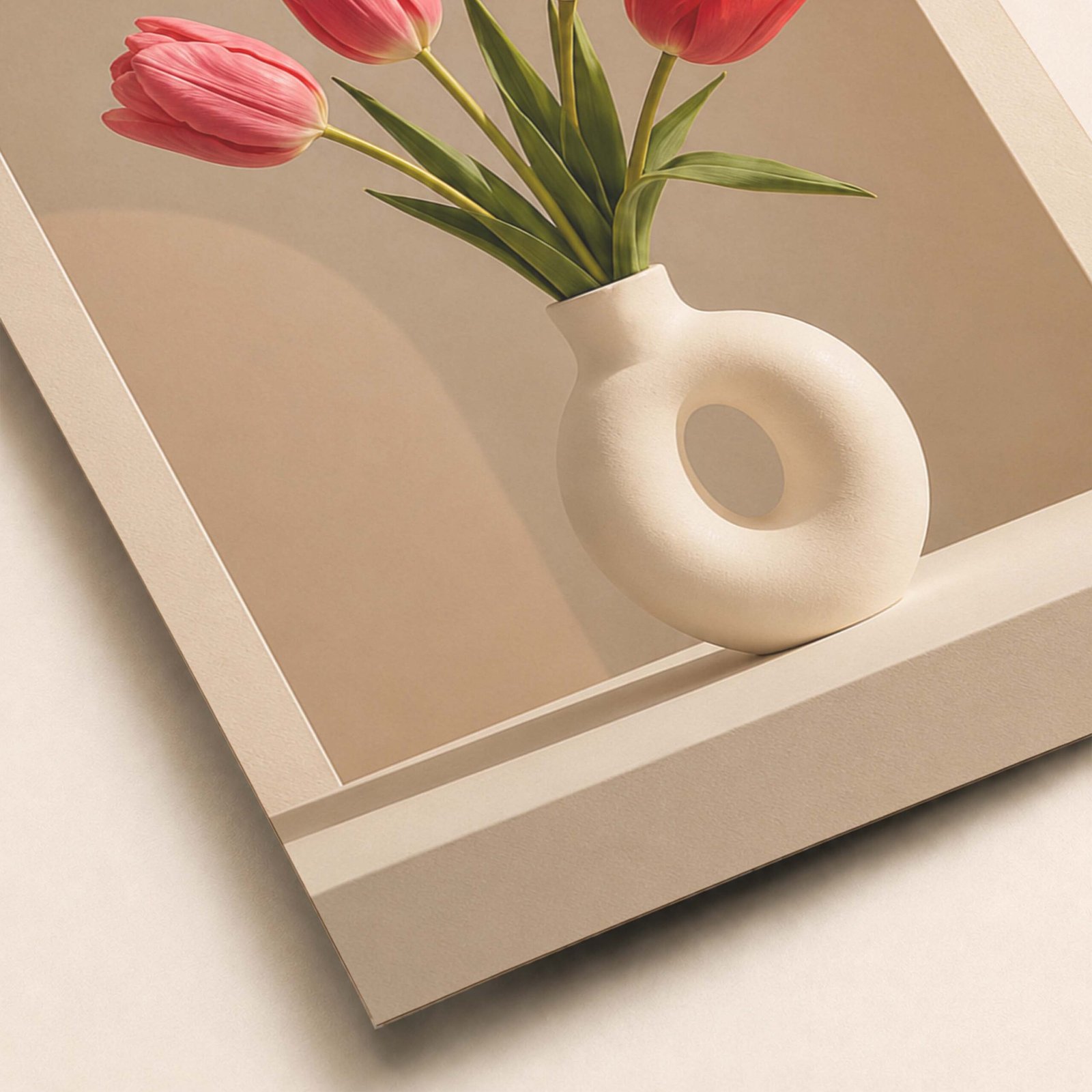 Détail des tulipes et du vase en céramique sur fond beige