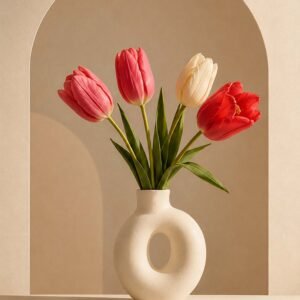 Tulipes roses, rouges et blanches dans un vase en céramique beige sur fond minimaliste