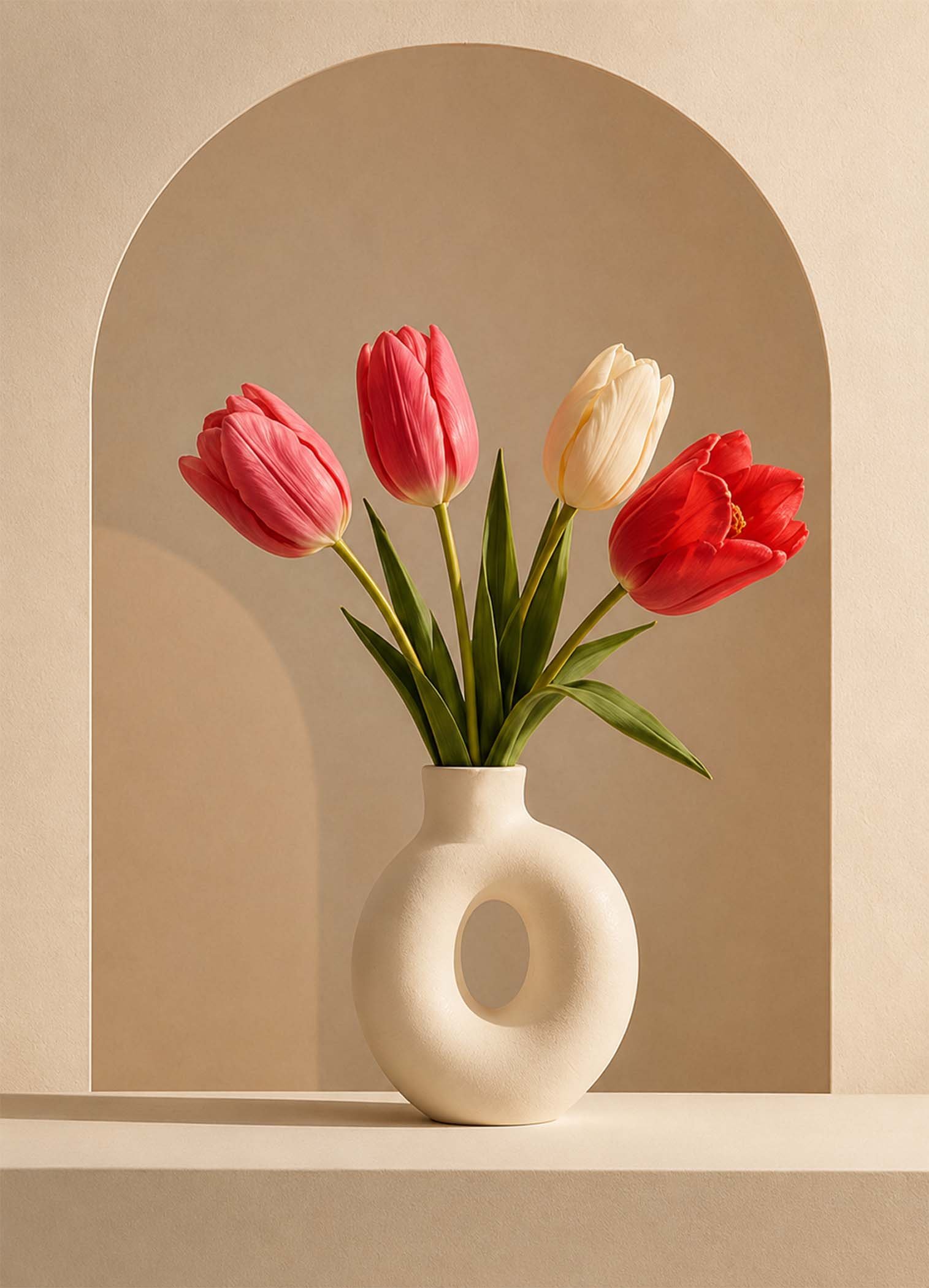 Tulipes roses, rouges et blanches dans un vase en céramique beige sur fond minimaliste