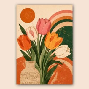 Tulipes orange, rose, crème et jaune dans un vase décoratif
