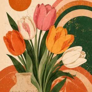 Bouquet de tulipes dans un vase avec formes graphiques rétro