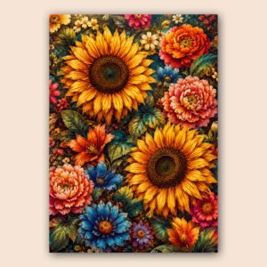 Affiche florale colorée avec tournesols et fleurs décoratives