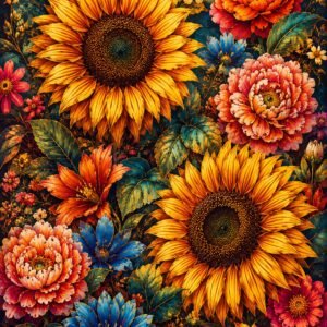 Affiche florale colorée avec tournesols et fleurs décoratives