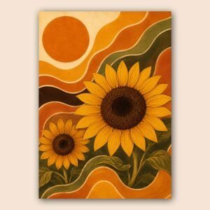 Affiche décorative avec deux tournesols stylisés et fond ondulé orange et vert