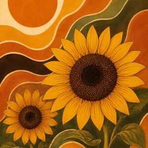 Deux tournesols stylisés dans une ambiance rétro aux tons jaunes, orange et vert olive