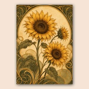 Illustration de tournesols dorés sur fond beige avec ornements