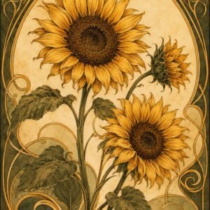 Affiche botanique avec grands tournesols dorés et ornements décoratifs