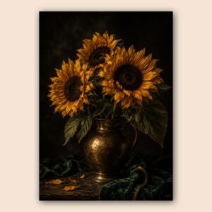 Affiche de tournesols dorés dans une nature morte sombre