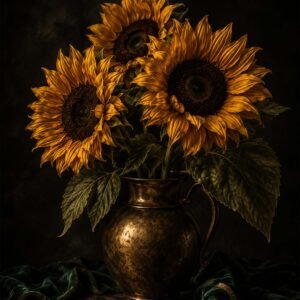 Bouquet de tournesols dans un vase ancien sur fond sombre