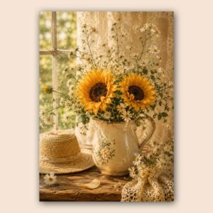 Tournesols et marguerites dans une cruche au style vintage