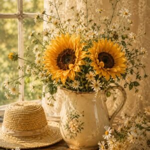Bouquet de tournesols et marguerites dans une cruche vintage