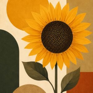 Affiche murale A3 avec un tournesol stylisé jaune doré sur fond graphique rétro