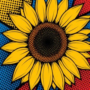 Affiche tournesol pop art jaune bleu rouge