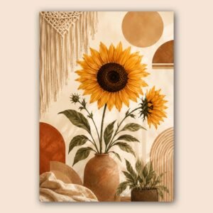 Affiche murale tournesols et vase en terre cuite, style bohème